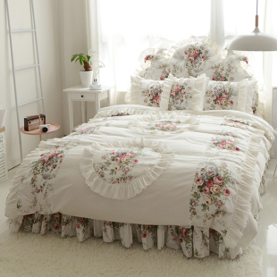 欧式 田园风小碎花全棉公主风床上用品四件套蕾丝白色床裙被套