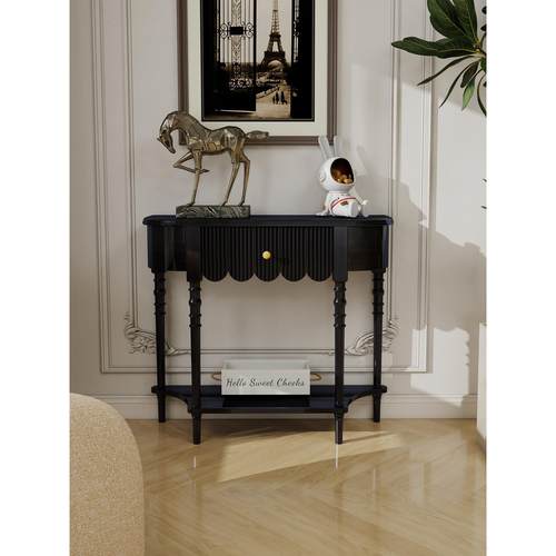 法式实木半圆玄关桌子靠墙黑色过道玄关柜置物架入户窄条桌玄关台