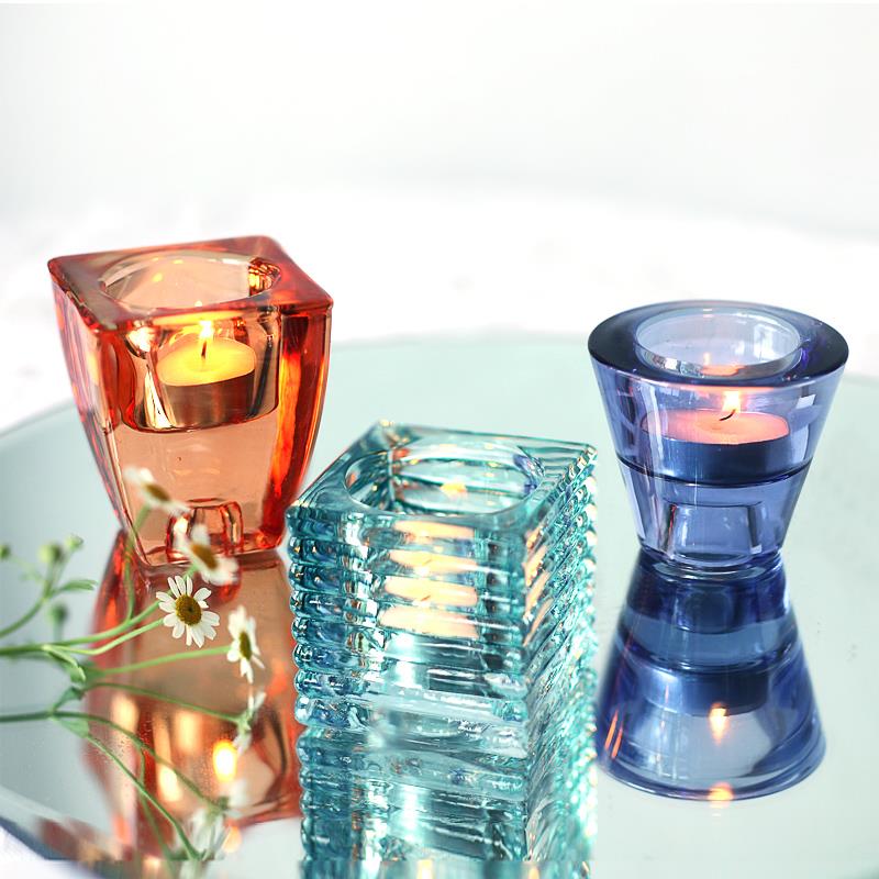 莫兰迪色彩色玻璃烛台摆件北欧轻奢正方两用水晶烛杯浪漫餐厅装饰