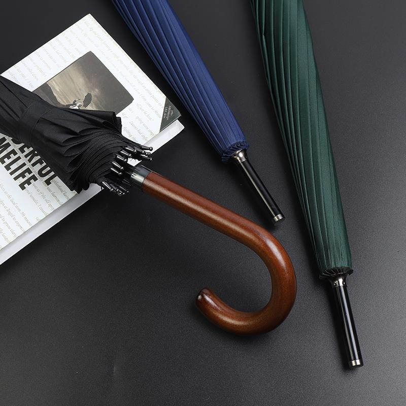 男士复古商务长柄防风雨伞大号双人加固抗风黑色直柄木柄刻字定制