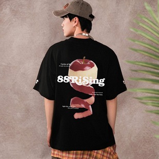 八八上升88rising 红色艺术苹果写实印花箭头LOGO刺绣纯棉短袖T恤
