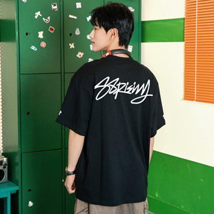 八八上升88rising 学院风简约花体刺绣LOGO宽松美式重磅短袖T恤