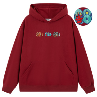 88rising圣诞节加绒纯色字母印花连帽卫衣宽松情侣装 红色男女同款