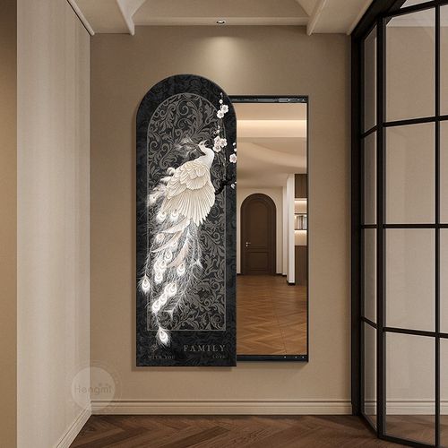 中古风玄关装饰画孔雀高级感隐藏式可推拉全身镜法式复古客厅挂画