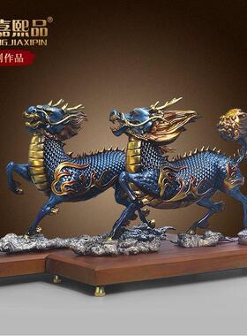 全铜火麒麟摆件一对厅公母麒家麟居客门装口桌面饰火麒麟品纯黄铜