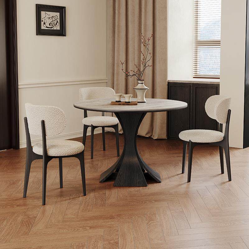 法式复古洞石岩板餐桌小户型现代家用轻奢高端1米实木圆形餐桌