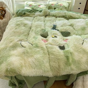 保暖长毛绒四件套 冬季 绿色小怪兽卡通绣花立体加厚少女床上用品