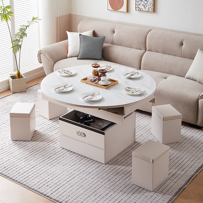 多功能电动升降茶几餐桌两用小户型折叠伸缩方变圆桌岩板茶几