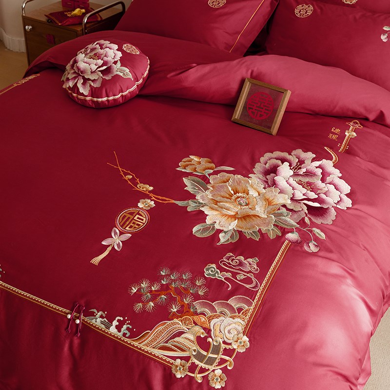 新中式轻奢刺绣花结婚庆全棉四件套100S纯棉红陪嫁床上喜被套床单