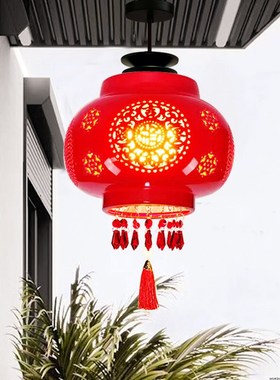 红色灯笼玄关入户走廊过道卧室阳台吸顶灯中国风陶瓷乔迁大门灯红