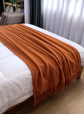 北欧纯色加大床尾巾民宿酒店加厚床尾毯搭巾床旗床盖橙色软装搭毯