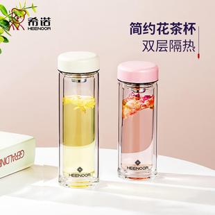 希诺双层玻璃杯女士带盖滤网防烫小清新少女心隔热茶杯家用办公杯