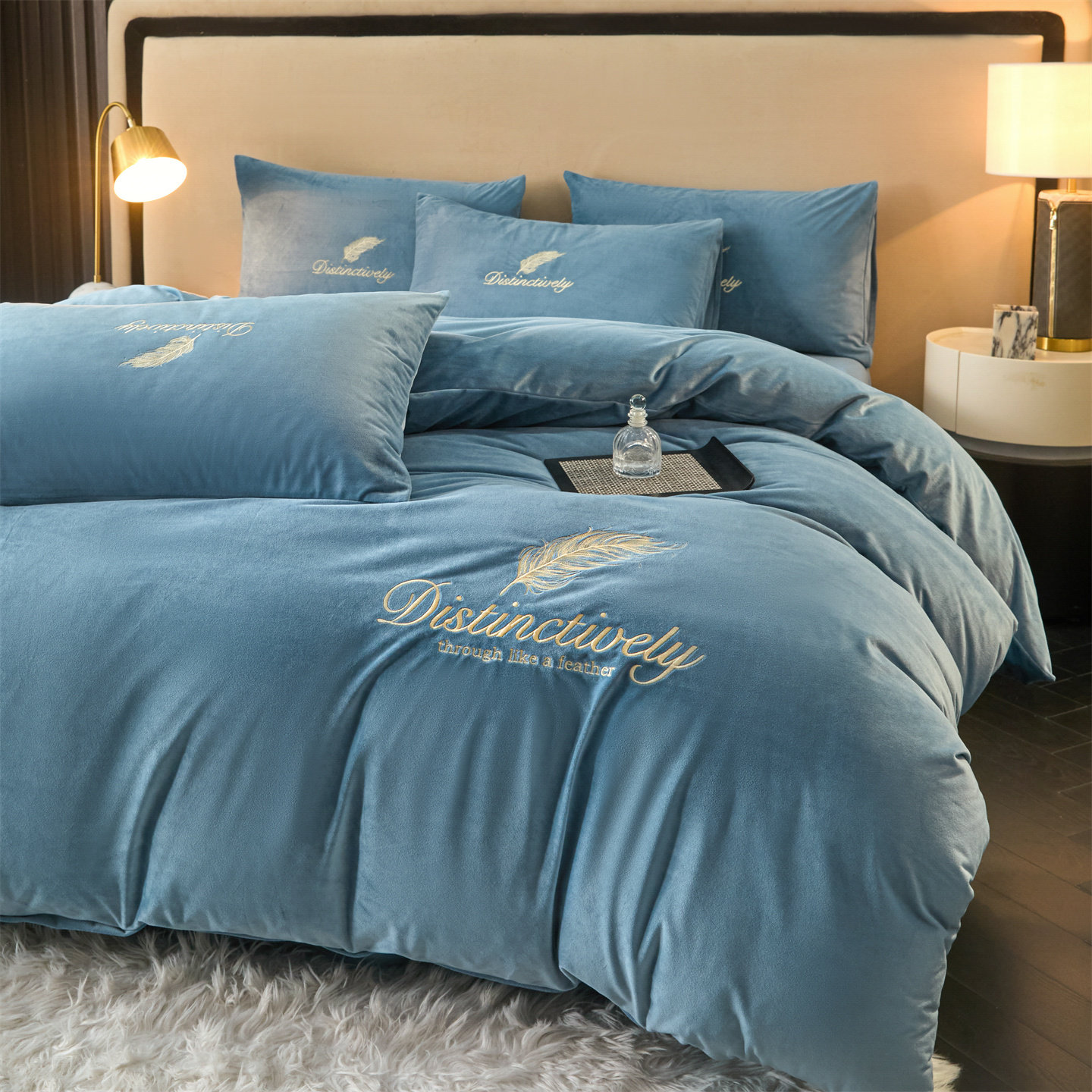 高克重水晶绒绣花四件套刺绣羽毛加厚保暖床品套件活性印花冬季