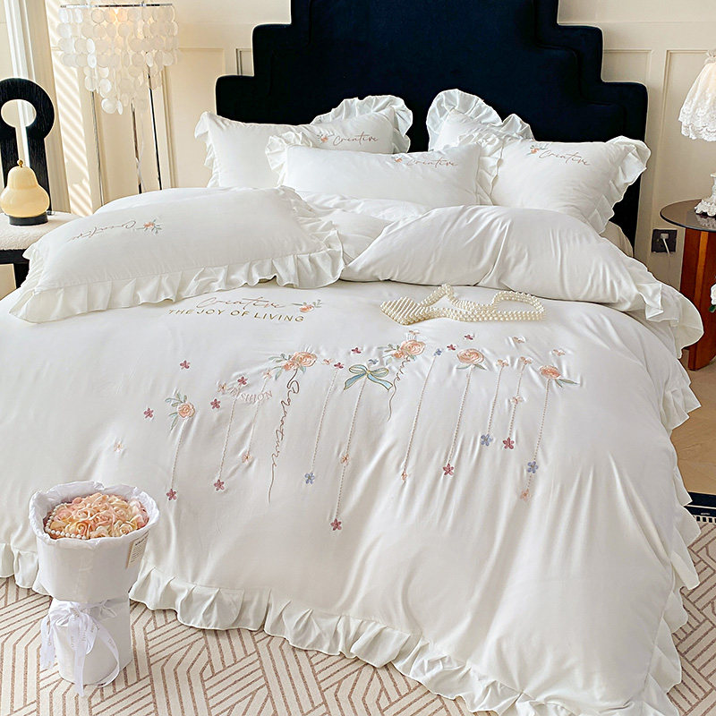 新款法式韩版高克重A类超柔水洗棉针织棉糯小棉刺绣四件套床品