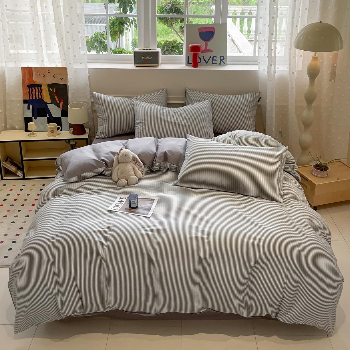 简约条纹四件套纯棉床品套件灰色被套床单枕套全套全棉四季通用