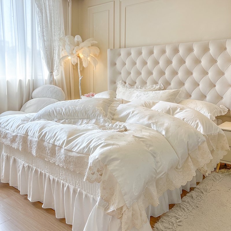 法式花边贡缎提花床盖四件套公主风床裙款纯棉少女心花边床品