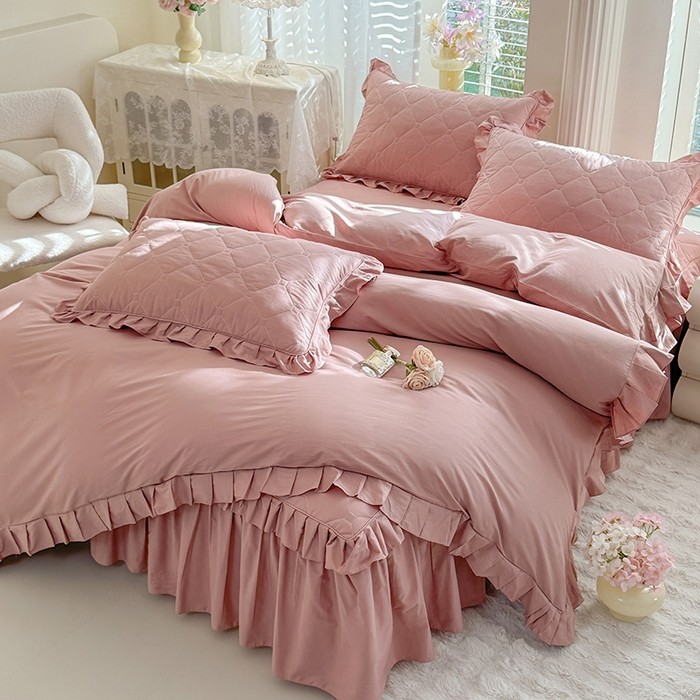 全棉夹棉纯色床裙四件套甜美公主风荷叶边纯棉绗缝床品套件家居,床上用品,床品套件/四件套/多件套,淘宝优惠券,粉丝福利购,淘宝优惠卷