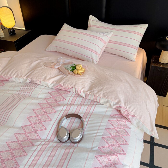 韩系全棉四件套纯棉立体大提花床单被套床笠款床品高密四季通用