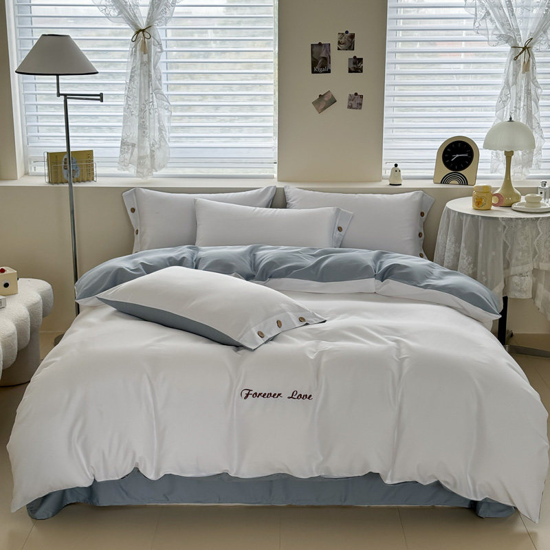 A类纯色双拼长绒棉纯棉刺绣四件套全棉床品套件撞色绣花简约斜纹