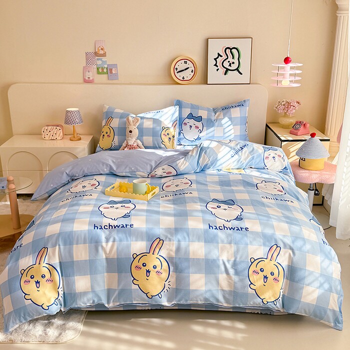吉伊卡哇全棉纯棉四件套可爱卡通小动物蓝色格子床品套件四季通用