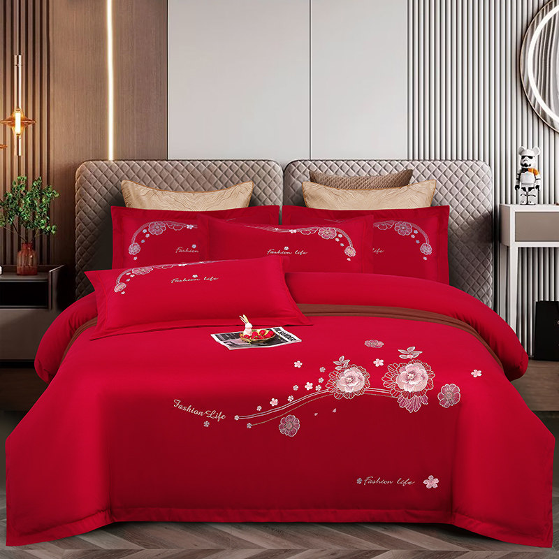 四季款斜纹亲肤棉绣花四件套红色花卉刺绣床品套件简约新潮喜庆