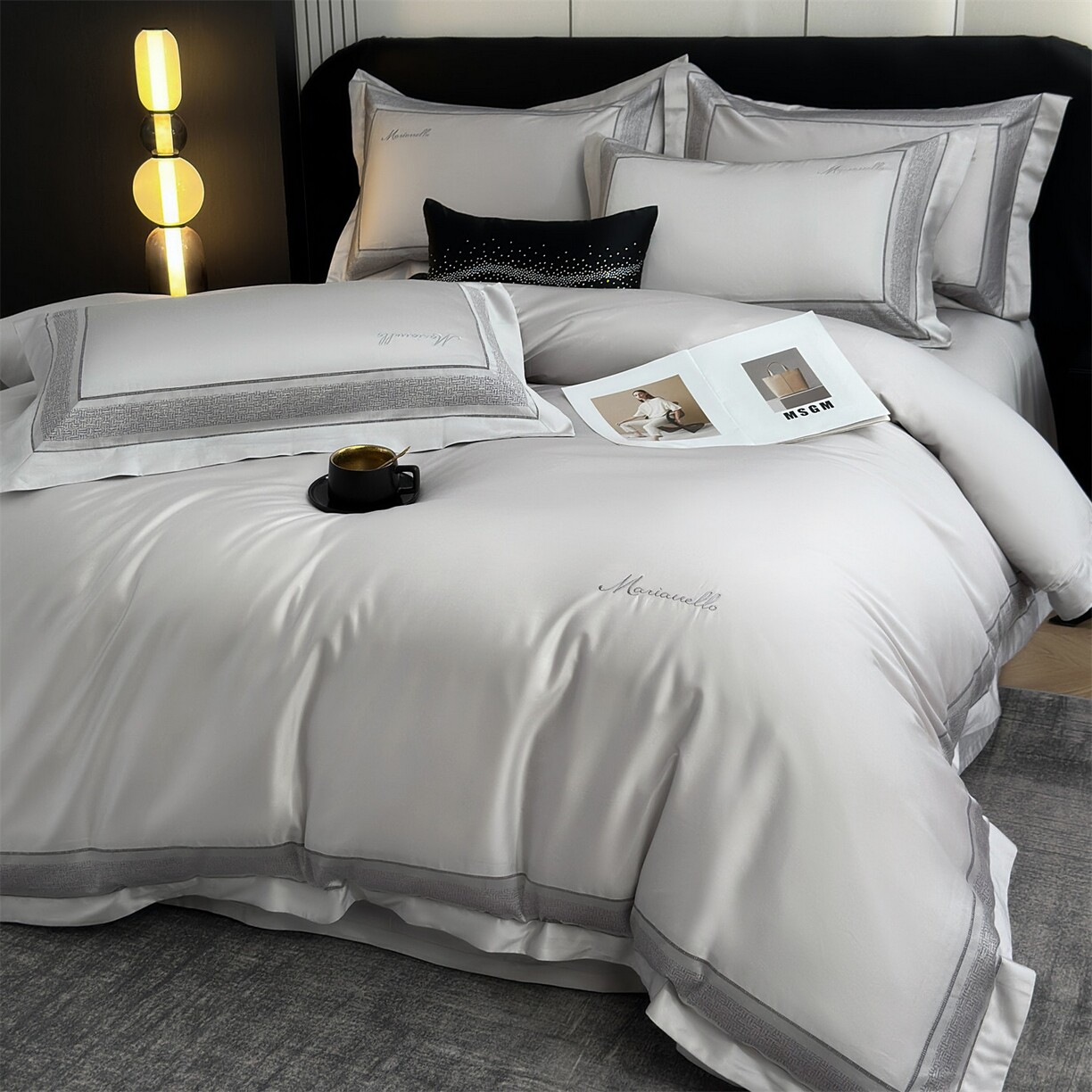 天丝棉绣花工艺款四件套莱赛尔加棉套件简约刺绣床上用品绣花亲肤