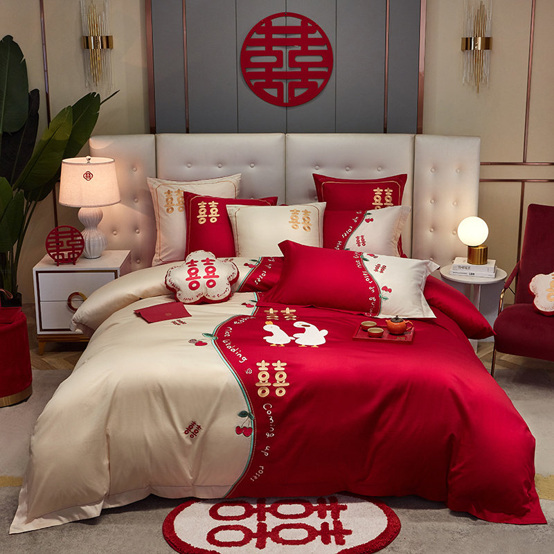 全棉刺绣婚庆四件套纯棉结婚大红色喜庆新婚庆陪嫁床品被套被罩床