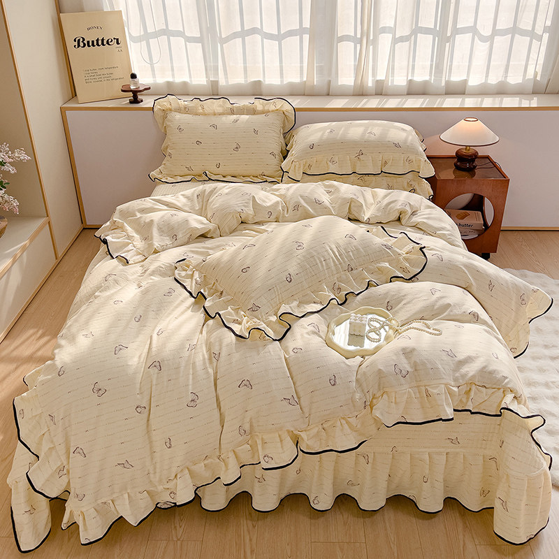 新款柔感水洗棉床盖四件套甜美少女风荷叶边床裙公主风床罩套件