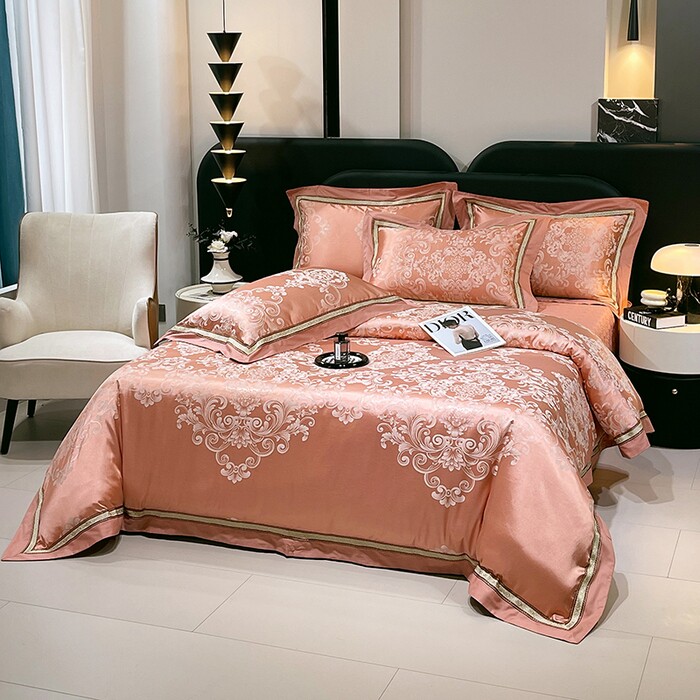 纯棉贡缎提花夹棉床盖四件套新中式缎面床品套件轻奢欧式奢华花纹