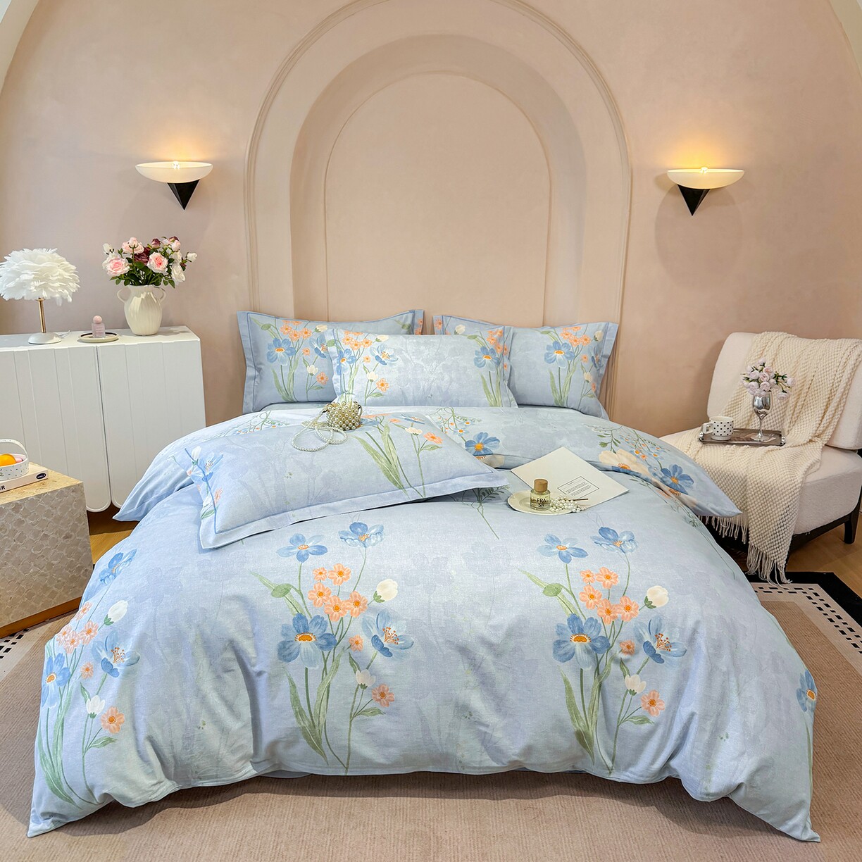 全棉磨毛四件套系列清新花朵印花四件套纯棉床品套件被套床单枕套