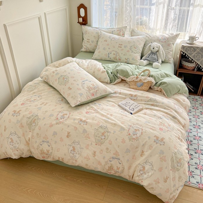 敲可爱的奶呼呼云感双层纱简约四件套小碎花床单被套清新床上用品,床上用品,床品套件/四件套/多件套,淘宝优惠券,粉丝福利购,淘宝优惠卷