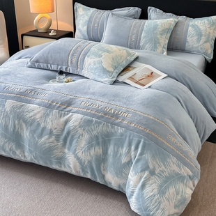 A类加厚牛奶绒雕花刺绣四件套烂花床品套件冬季加厚保暖被套冬天