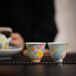 鱼戏手绘浮雕万花陶瓷功夫茶杯女士主人杯家用品茗杯闻香杯子单杯