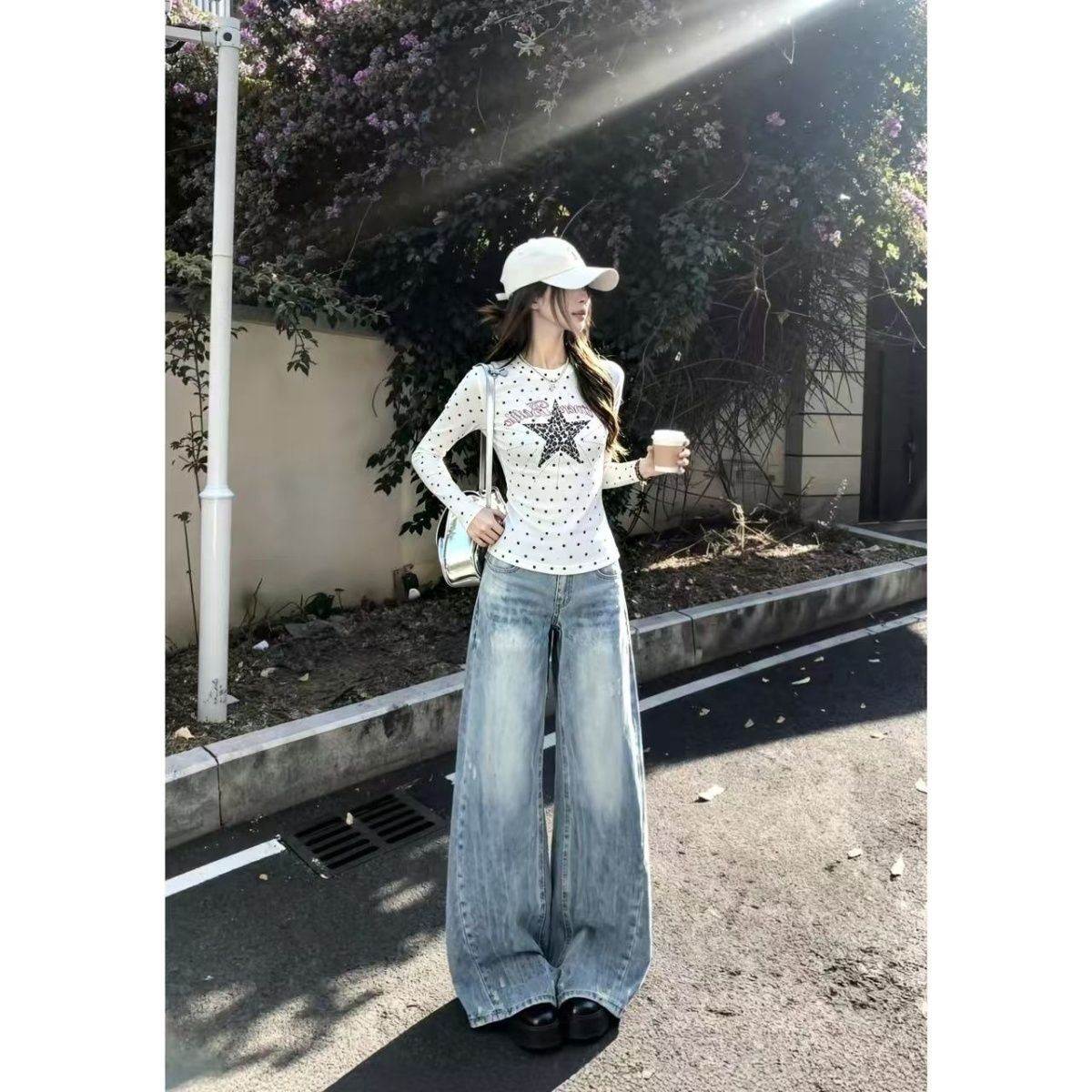 波点字母印花圆领长袖T恤女秋季修身简约休闲内搭打底上衣chic