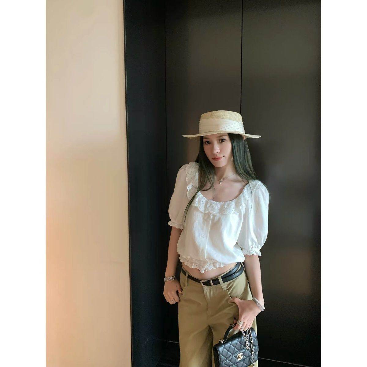 白色天丝提花小衫女夏法式气质修身花边亚麻衬衫上衣