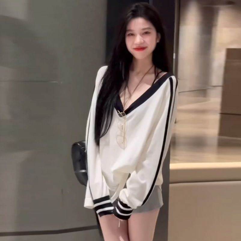 白色性感V领长袖卫衣女春夏新款爆款慵懒风宽松显瘦高端外穿上衣