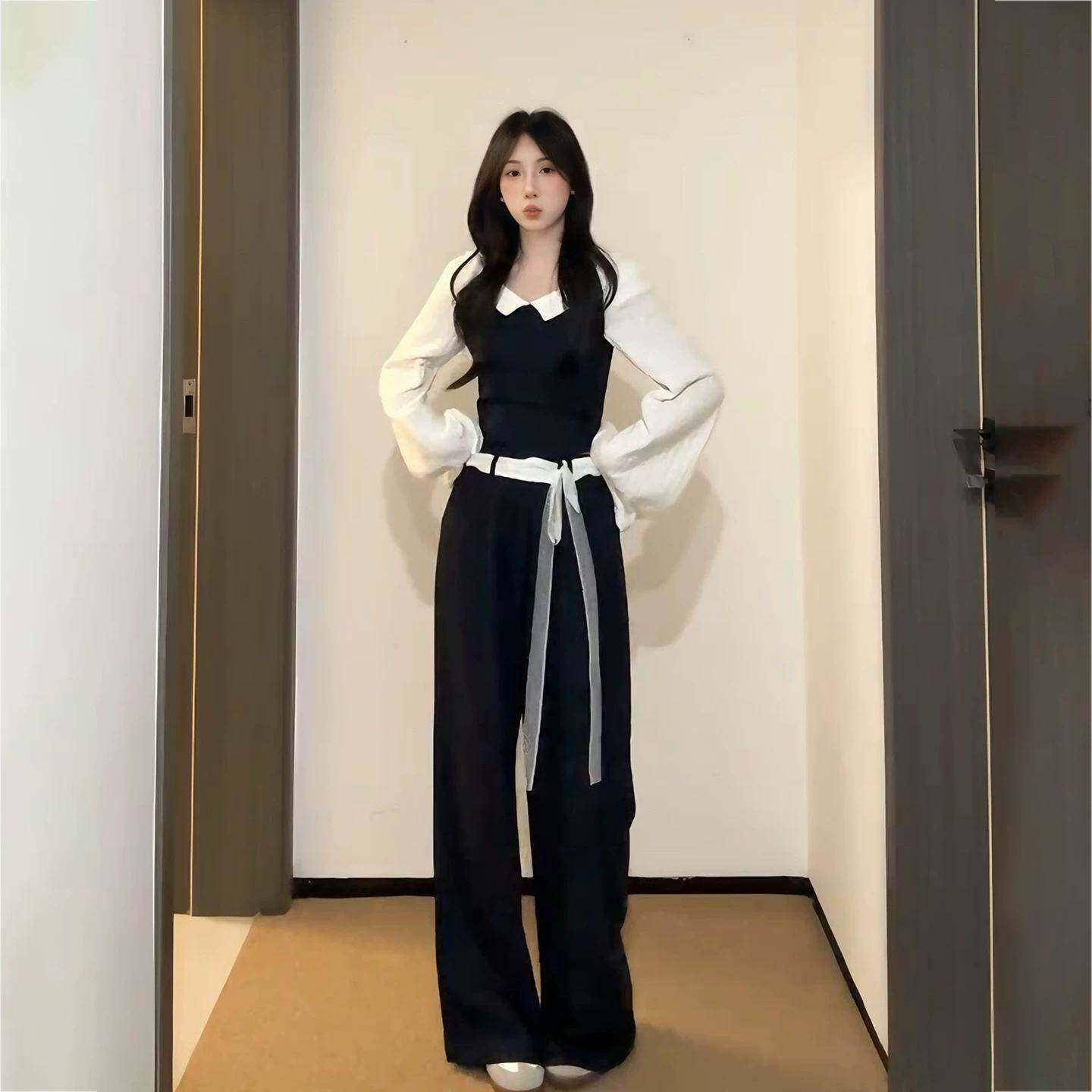 2026春秋新款女装时尚气质百搭长袖飘带衬衫显瘦马甲阔腿裤两件套