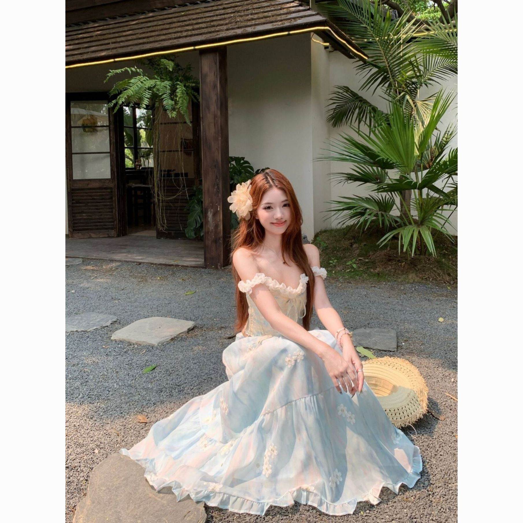 法式蓝色碎花长裙纯欲吊带上衣女夏高腰半身裙大摆长裙度假风套装