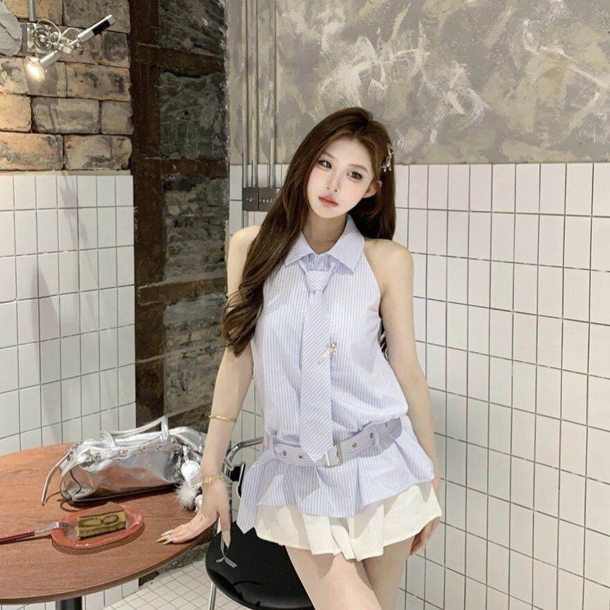甜妹减龄韩系衬衫款式无袖条纹假两件收腰显瘦连衣裙女夏季新款