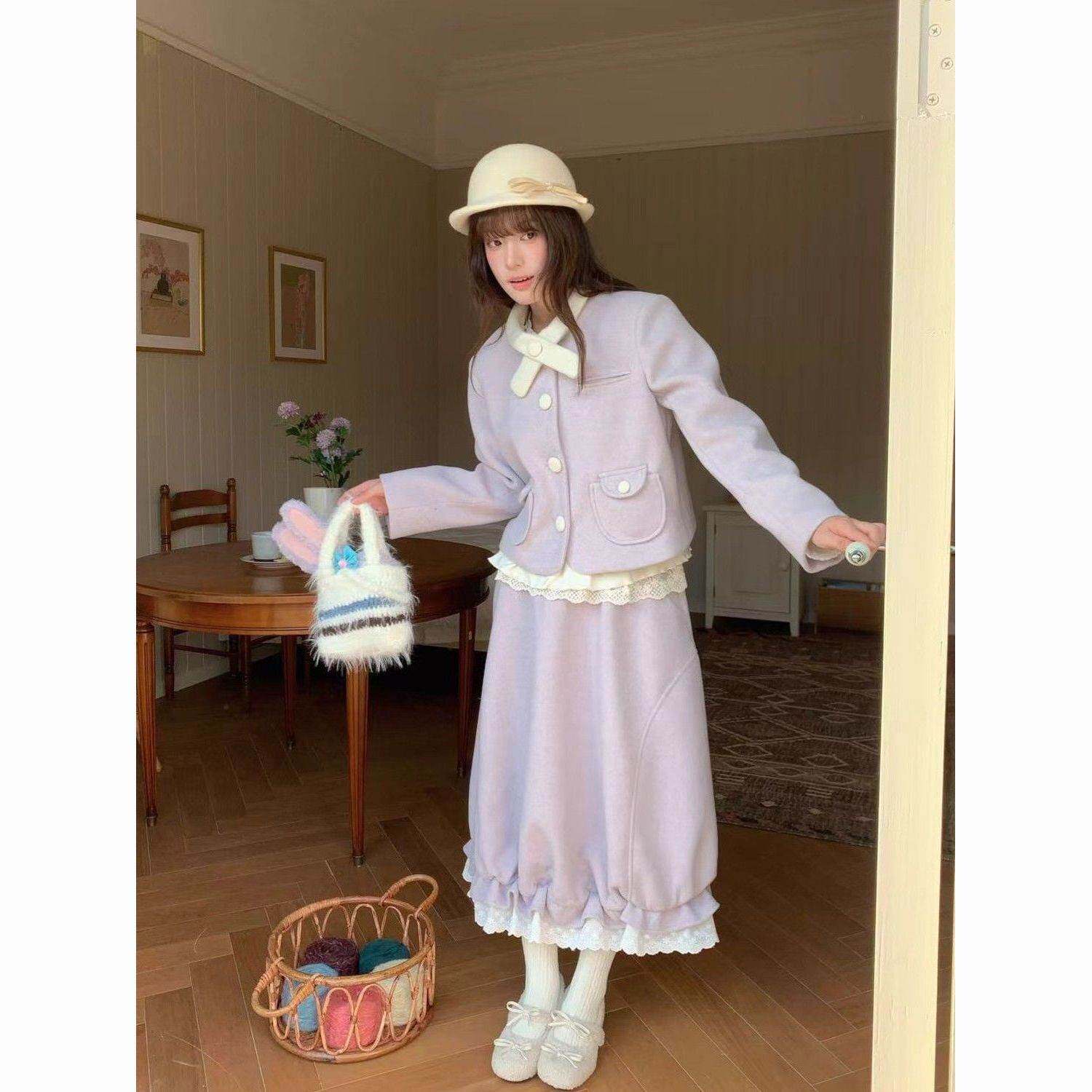 法式复古画报风香芋紫毛呢外套+半裙套装女显瘦穿搭
