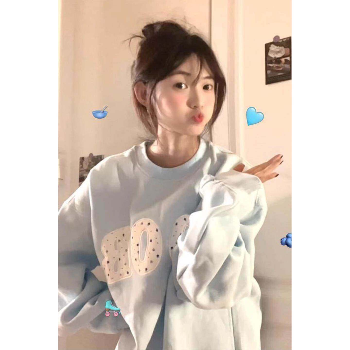 韩系贴布碎花刺绣圆领卫衣女秋冬加绒无帽慵懒风长袖上衣