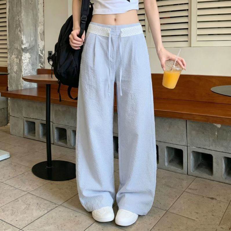 蓝色条纹高腰阔腿裤女夏季2026新款百搭显瘦慵懒风蕾丝拼接休闲裤