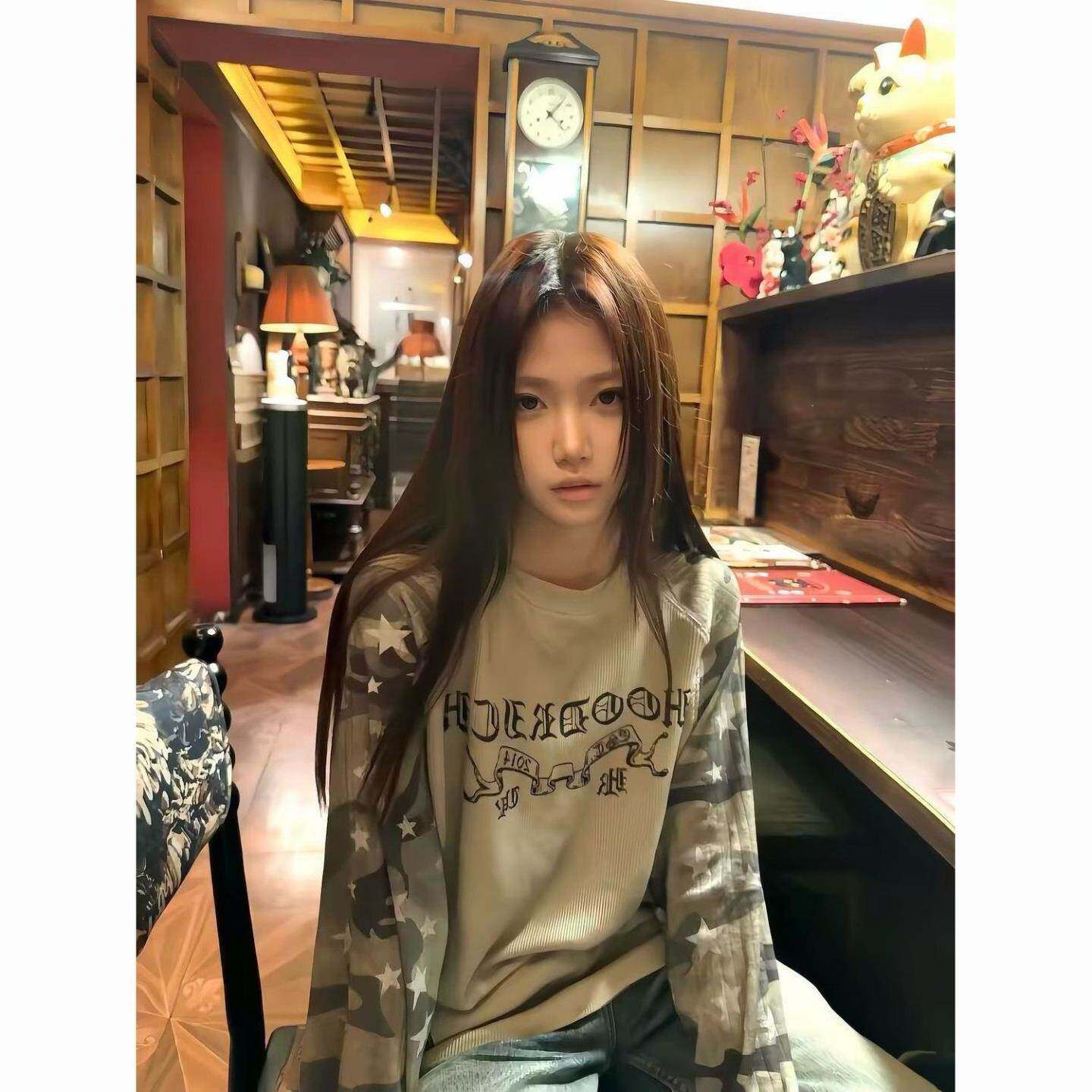 美式复古迷彩插肩长袖t恤女秋季宽松街头运动休闲百搭设计感上衣