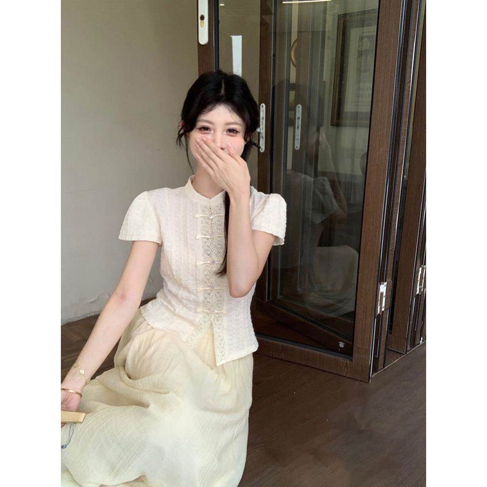 新中式套装女国风盘扣修身衬衫夏季高腰A字半身裙两件套长裙套装