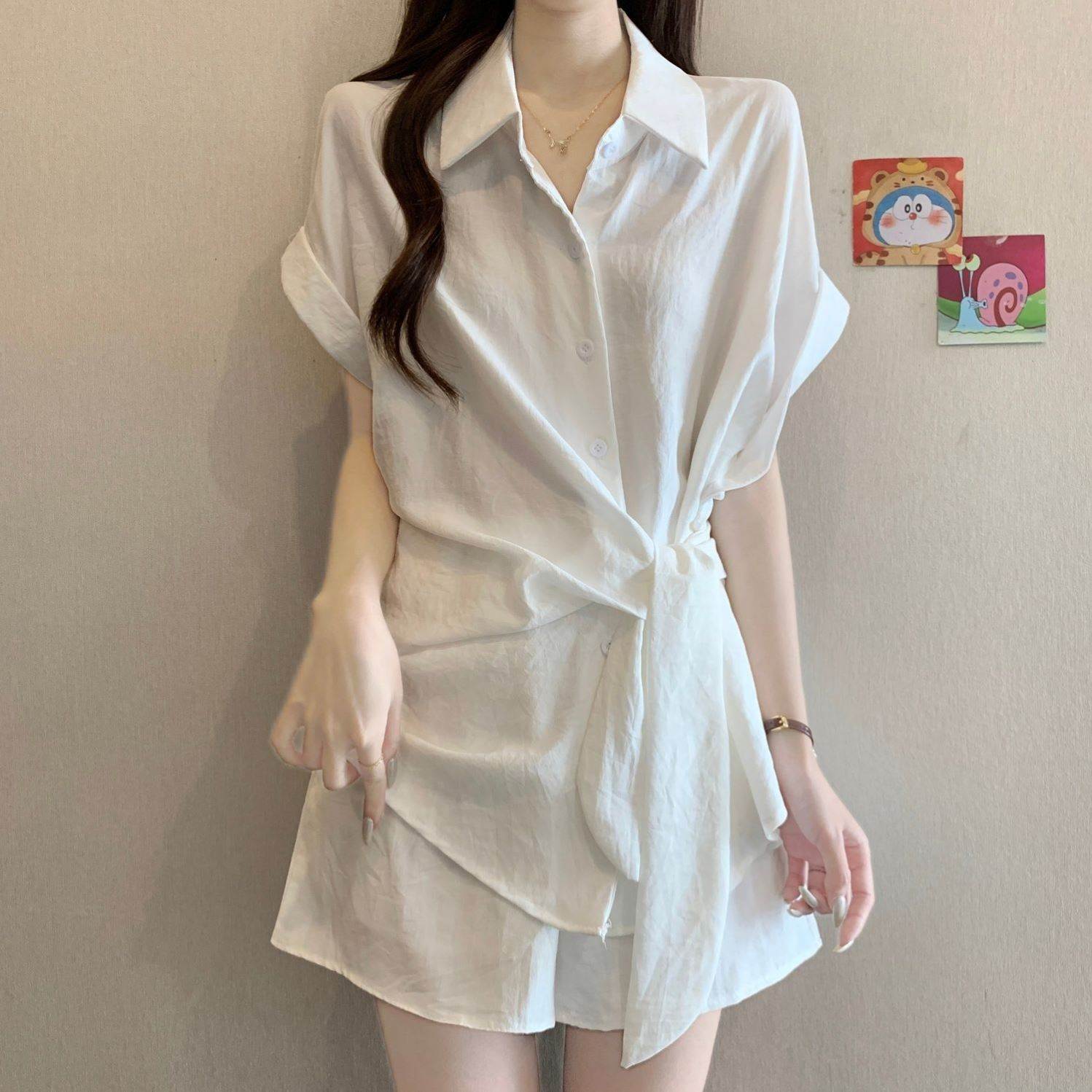大码女装夏季胖mm显瘦遮肉时尚设计感系带短袖衬衫阔腿裤两件套装