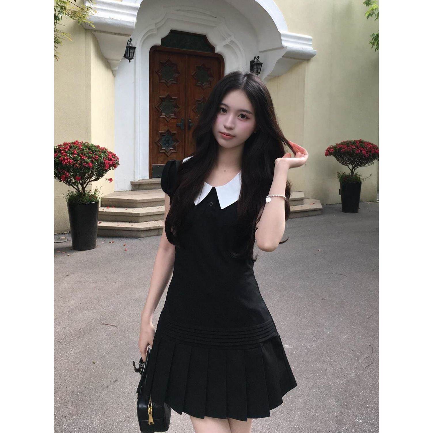 韩系复古学院风黑色娃娃领连衣裙小个子收腰百褶短裙女