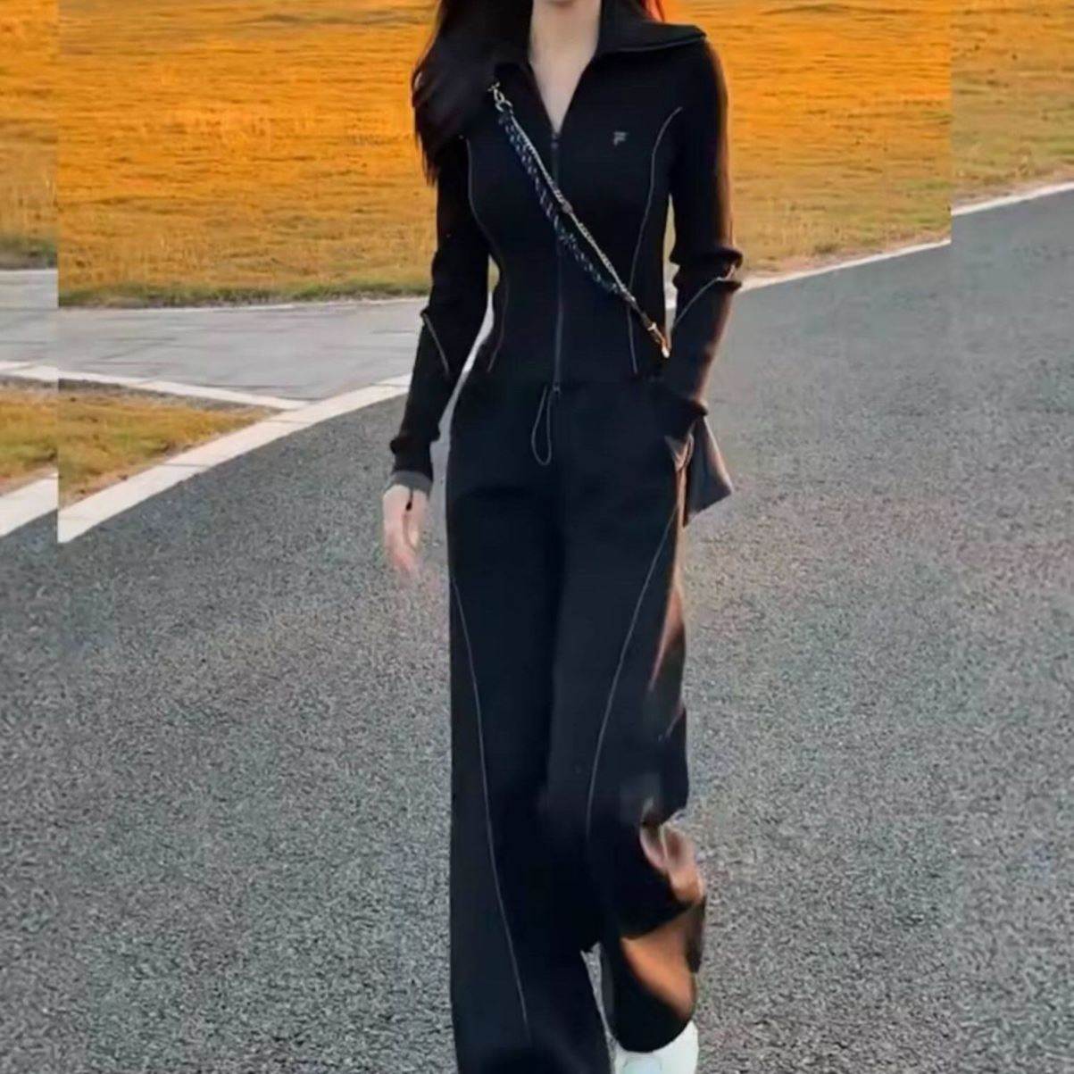 2026秋新款晨跑休闲运动套装女高端修身黑色开衫上衣阔腿裤两件套