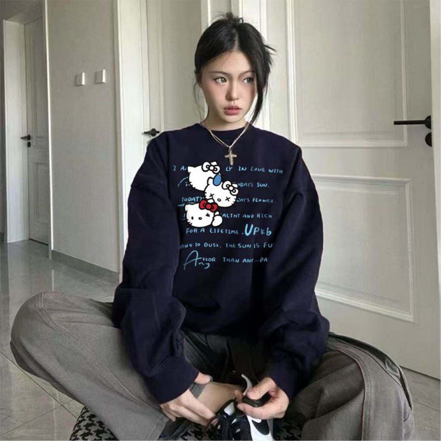 凯蒂猫圆领卫衣女秋冬加绒宽松减龄百搭小众上衣