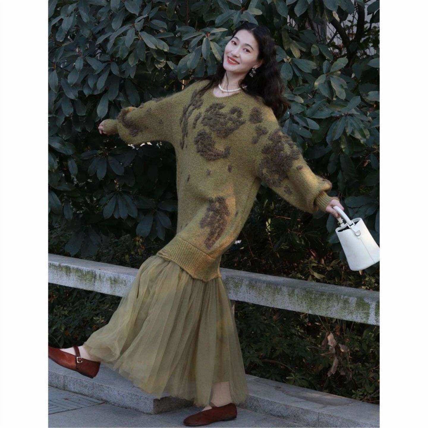 新中式中国风御姐网纱拼接连衣裙女春夏新款今年流行爆款毛衣裙