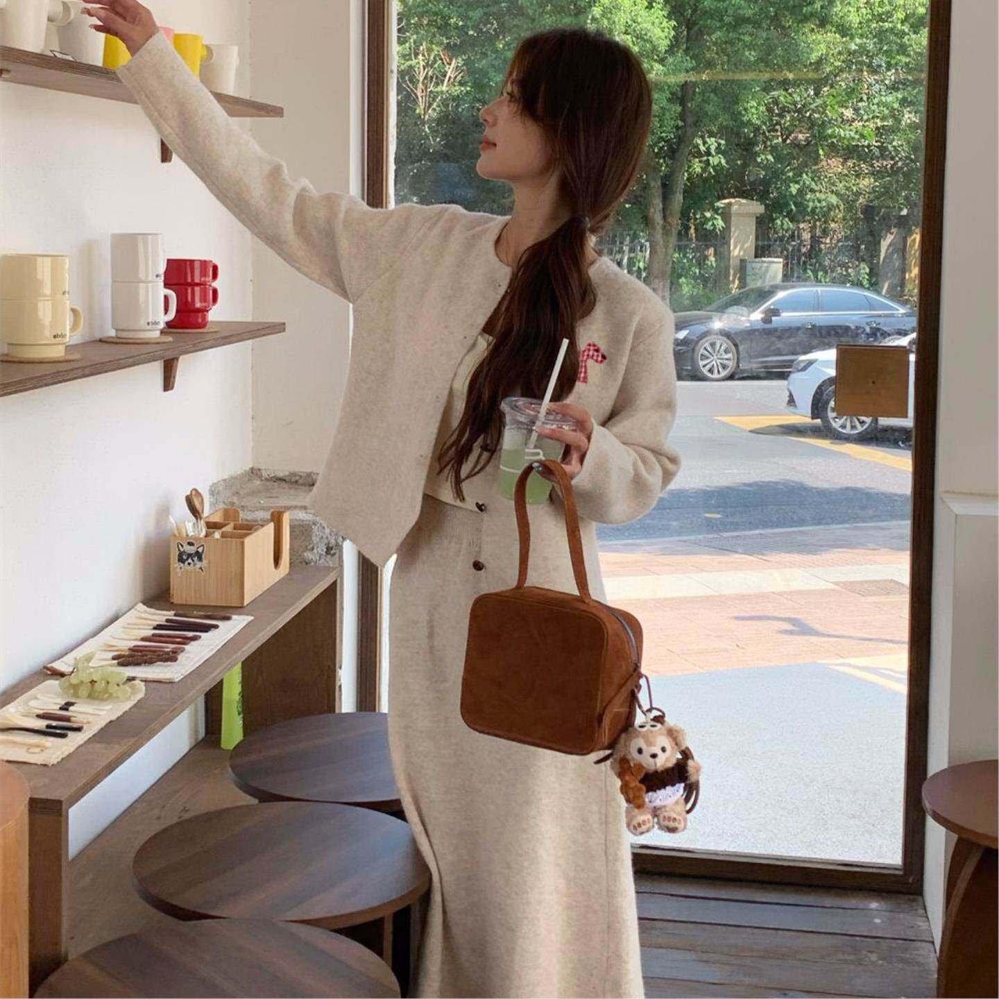 慵懒风软糯毛衣外套女2026年新款秋季大码胖mm收腰显瘦半裙两件套